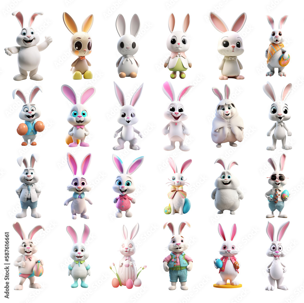 Naklejka premium 3D Easter Bunny Collection: Assorted Festive Rabbit Characters with Clear Background Created with Generative AI and Other Techniques