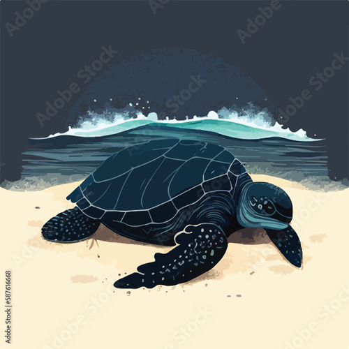 Leatherback sea turtle on the beach. Threatened or endangered species animals. Flat vector illustration concept. Generative AI