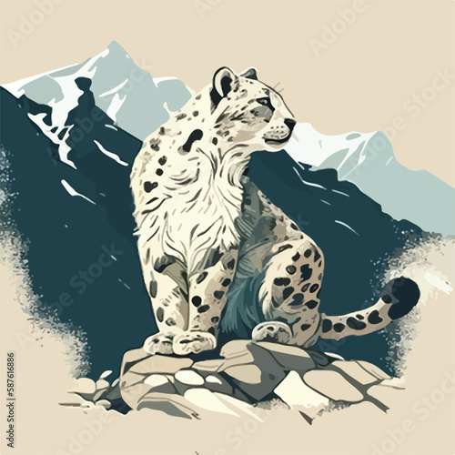 Snow leopard in the mountains. Threatened or endangered species animals. Flat vector illustration concept. Generative AI