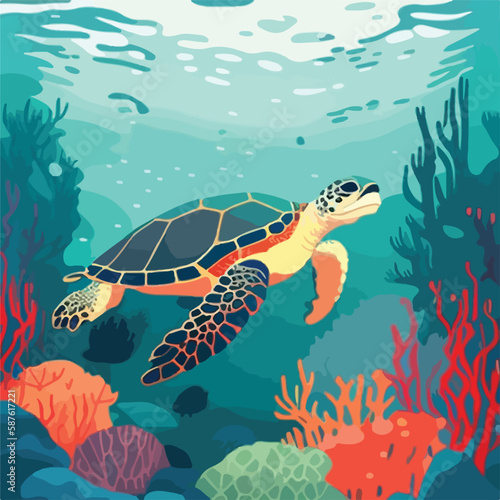 Hawksbill sea turtle in the coral reef. Threatened or endangered species animals. Flat vector illustration concept. Generative AI