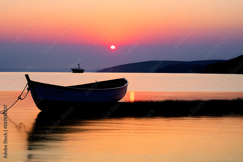 Small boat transporting a bicycle over a river at dawn