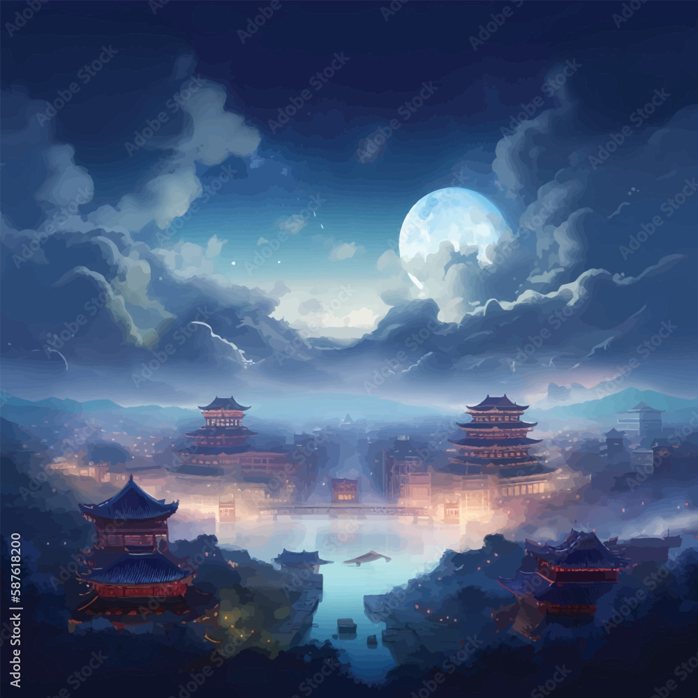 Fototapeta premium Twinkling Stars and a Soft Moonlight: A Stunning Digital Illustration of an Ancient City