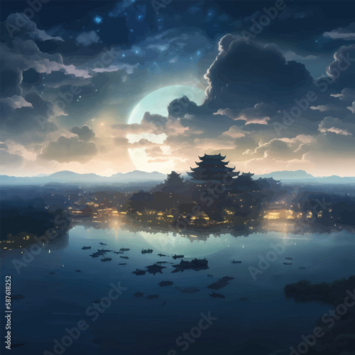 Movie-Like Lighting on an Ancient City Amidst a Sea of Clouds: A Captivating Digital Illustration