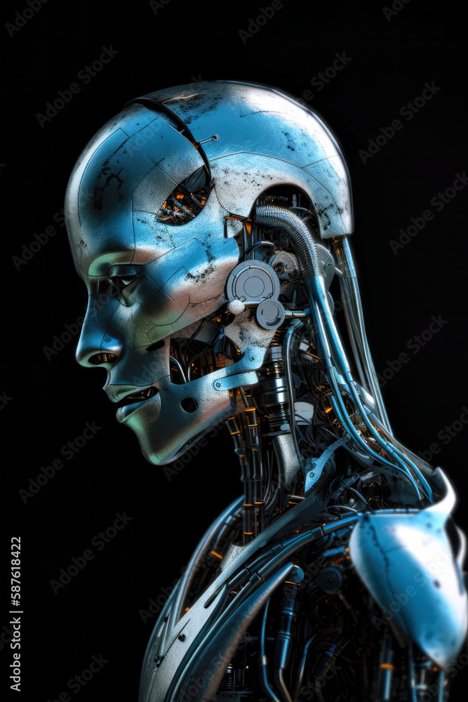 Metallic humanoid robot looking emotionless in front of black background (Generative AI, Generative, KI) (Generative AI, Generative, KI) Metallic humanoid robot looking emotionless in front of black background (Generative AI, Generative, KI) (Generative AI, Generative, KI)