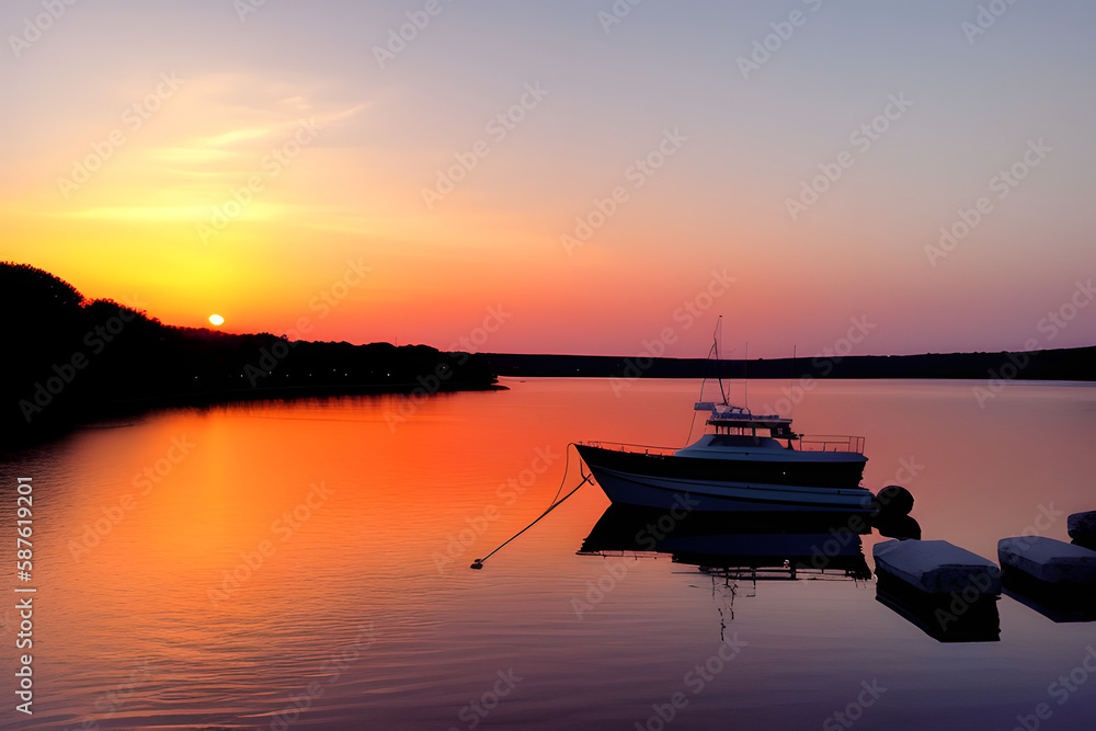 Boat Moored In River Against Sky During Sunset Boat Moored In River Against Sky During Sunset