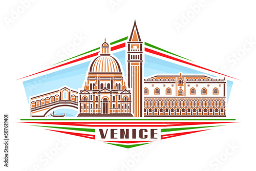 Vector illustration of Venice, horizontal badge with simple linear design famous venice city scape on day sky background, european historical line art concept with decorative lettering for text venice
