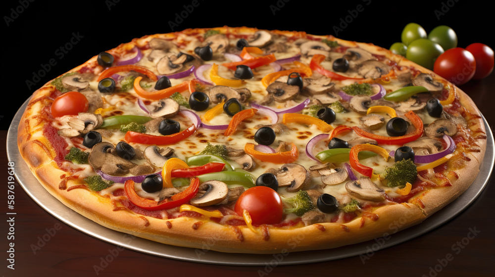 Pizza Veggie - A delicious Italian pizza with mozzarella, olives, sausage and vegetables on a black background. Unhealthy eating at its finest!