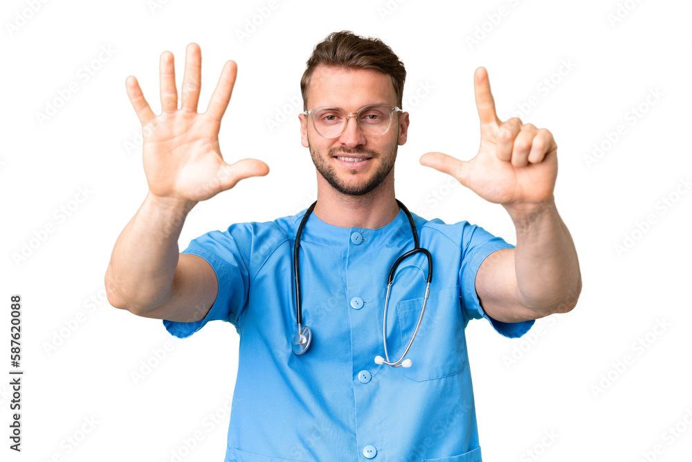 Young nurse man over isolated chroma key background counting seven with fingers Young nurse man over isolated chroma key background counting seven with fingers