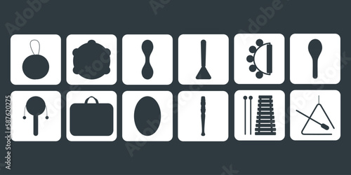 Hand drawn toy musical instruments for kids. Flat vector silhouette illustration for stickers