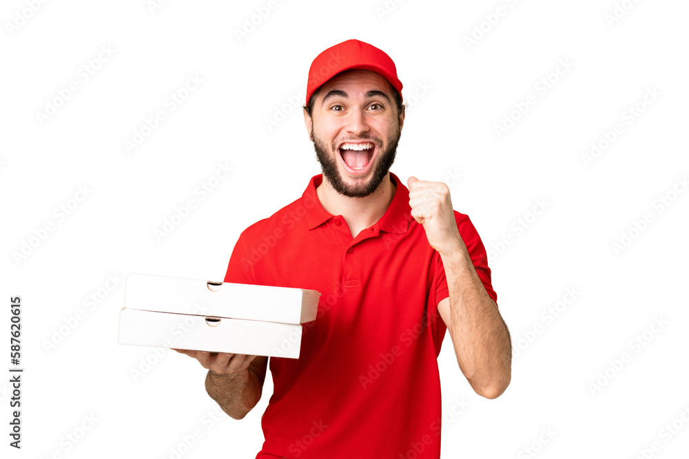 pizza delivery man with work uniform picking up pizza boxes over isolated chroma key background celebrating a victory in winner position pizza delivery man with work uniform picking up pizza boxes over isolated chroma key background celebrating a victory in winner position
