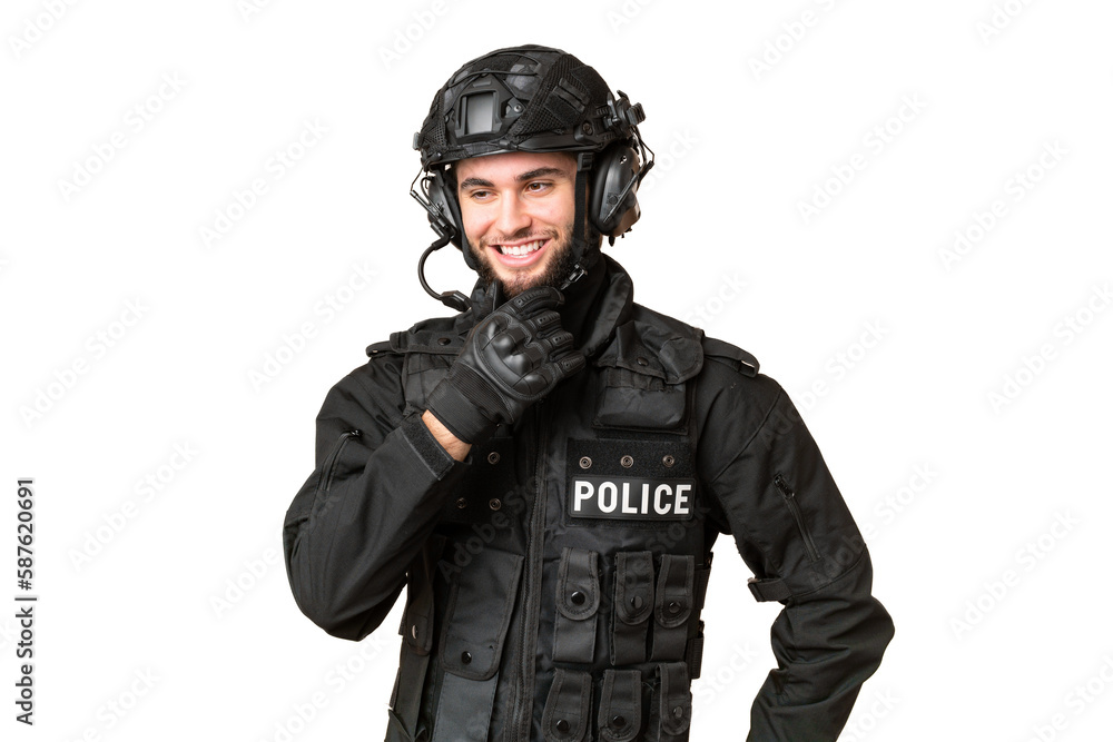 SWAT over isolated chroma key background looking to the side