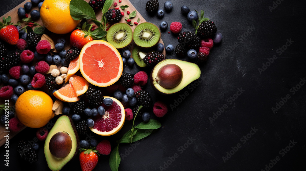Healty food selection on black table AI generated Healty food selection on black table AI generated