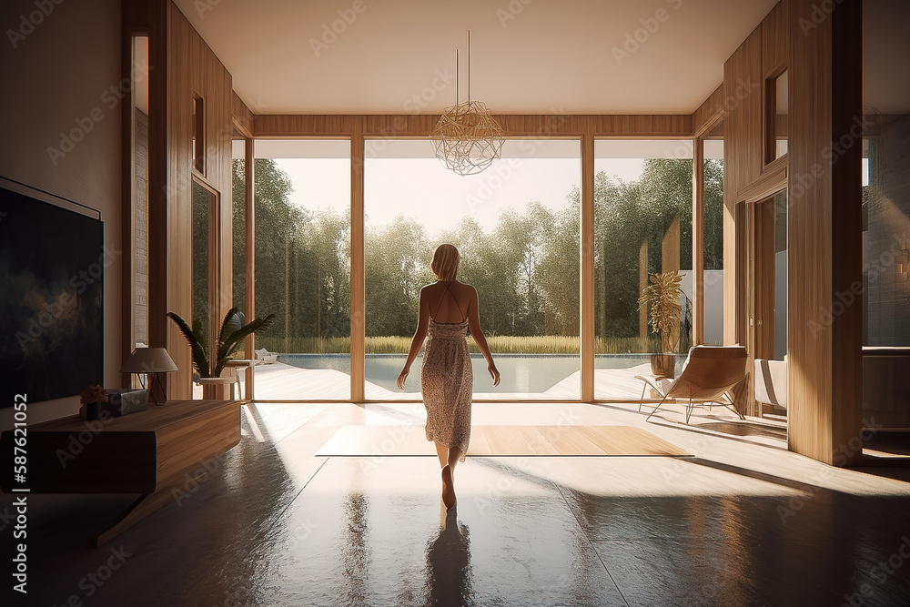 a woman walking in a elegant modern villa living room with wooden high ...