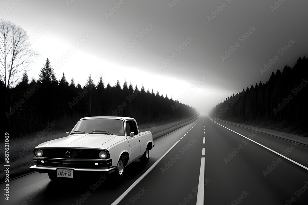 Black and white image of a car parked in middle of road in foggy moody forest