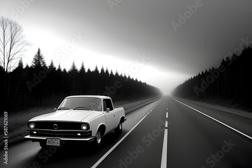 Black and white image of a car parked in middle of road in foggy moody forest © Floor