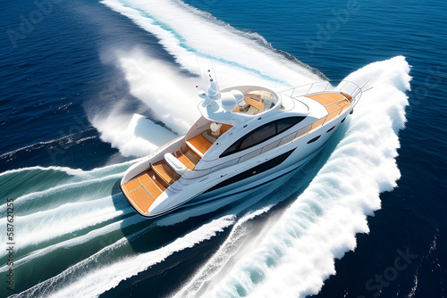 Aerial top view of a motor powerboat forming a circle of waves and bubbles with its engines over the blue sea