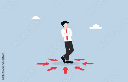 Ego, self-centered bias, overconfidence,  narcissistic concept, Businessman standing among arrows with different directions directing toward him.