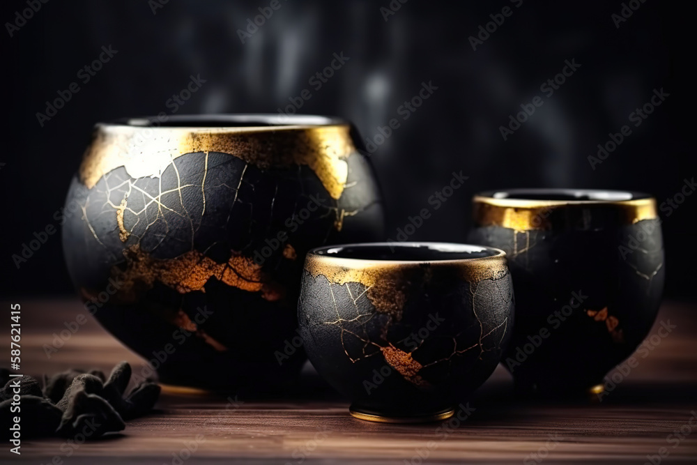 Elegant black and gold Kintsugi bowls and vases. Restoration of golden ...
