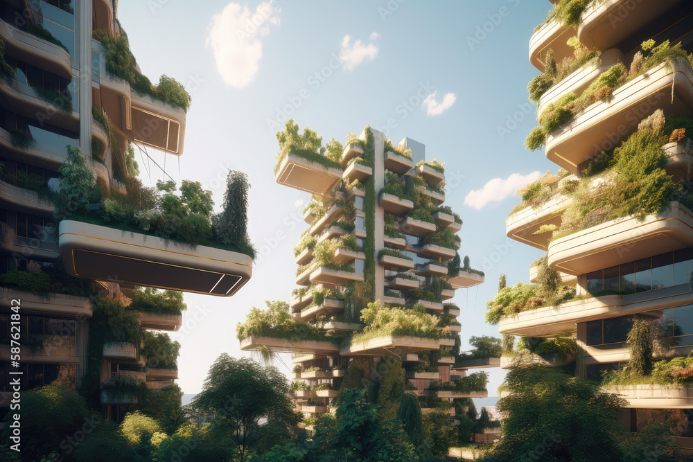 Futuristic green city with eco high buildings with gardens on terraces. AI Generated.