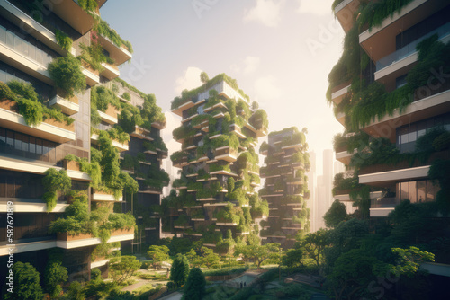 Futuristic green city with eco high buildings with gardens on terraces. AI Generated.