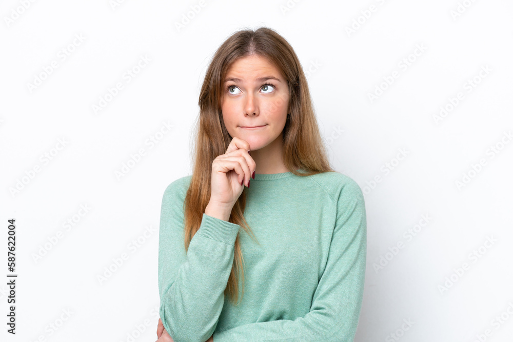 Young caucasian woman isolated on white background having doubts and thinking Young caucasian woman isolated on white background having doubts and thinking