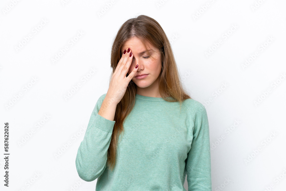 Young caucasian woman isolated on white background with headache Young caucasian woman isolated on white background with headache