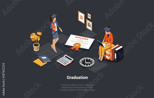 Concept Of Graduation, End Of School And University. Happy Students Girls Rejoicing The End Of University Or Academic Year Near Huge Diploma And Calculator. Isometric 3D Cartoon Vector Illustration