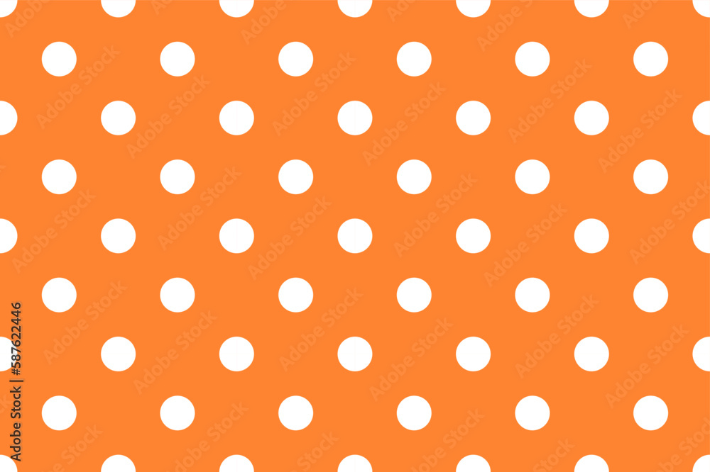 Seamless white polka dot pattern on orange background, vector illustration of polka dots pattern with orange and white combination, orange polka dot fabric texture. Seamless white polka dot pattern on orange background, vector illustration of polka dots pattern with orange and white combination, orange polka dot fabric texture.
