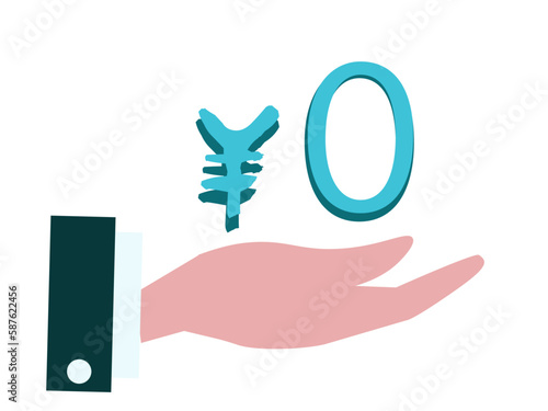 0円の文字を持つスーツの手。無料、手数料、入会費、費用、お見積り。 ベクターイラスト
