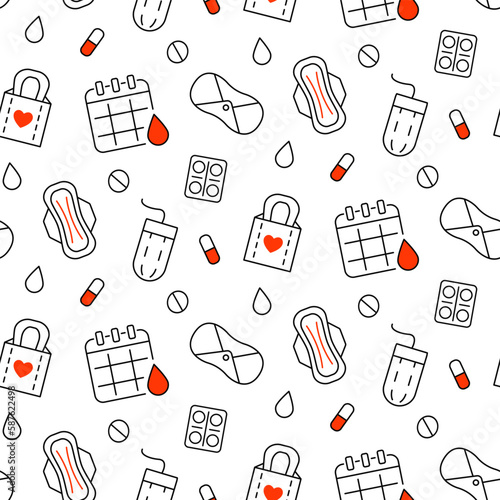 Woman Menstruation seamless pattern line icons
