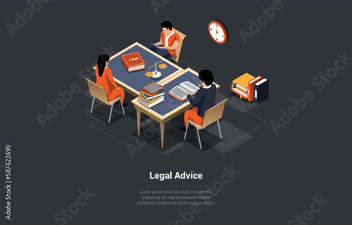 Concept Of Legal Advice. Law Education, Justice and Equality, Professional Lawsuits Guidance. Man Lawyer, Legal Advisor Consulting Customers In The Office. Isometric 3d Cartoon Vector Illustration