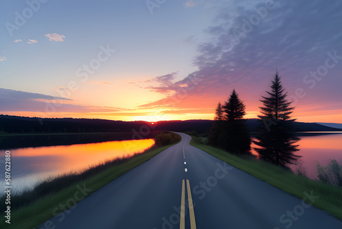 Road By Lake Against Sky During Sunset