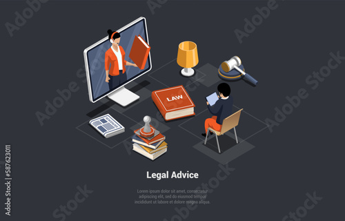 Legal Advice, Law Education, Justice and Equality, Professional Lawsuits Guidance. Lawyer Or Notary On The Screen. Customer Having Online Consultation With Lawyer. Isometric 3d Vector Illustration