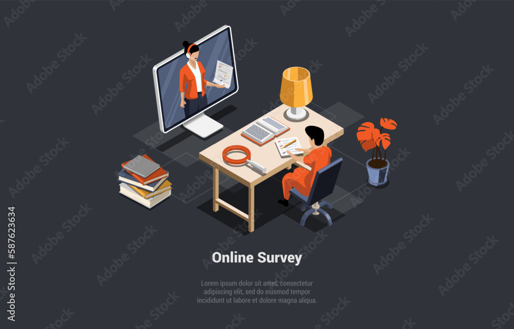 Online Survey, Objective Feedback, Choosing Answer, Make Decision and Research. Man With Online Support Collecting Online Survey, Customer Review, Voting, Checklist. Isometric 3d Vector Illustration Online Survey, Objective Feedback, Choosing Answer, Make Decision and Research. Man With Online Support Collecting Online Survey, Customer Review, Voting, Checklist. Isometric 3d Vector Illustration