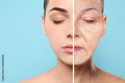 Changes in appearance during aging. Portrait of woman divided in half to show her in younger and older ages. Collage design on light blue background