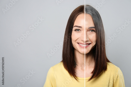 Changes in appearance during aging. Portrait of woman divided in half to show her in younger and older ages. Collage design on light grey background