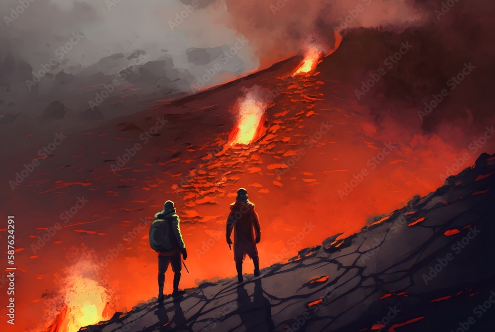 two men standing at the edge of the volcanic rock cliff with lava, illustration, digital painting, Generative AI