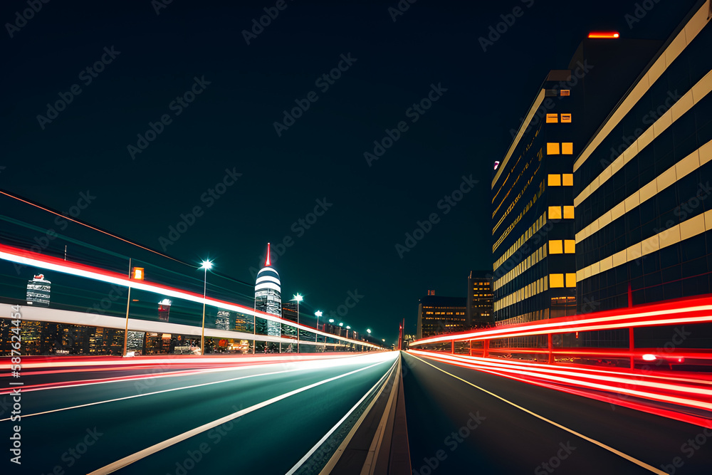 Light Trails On Road Amidst Buildings Against Sky At Night
