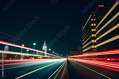 Light Trails On Road Amidst Buildings Against Sky At Night