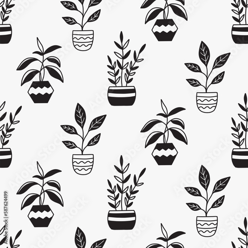 Houseplants in pots seamless pattern. House plants