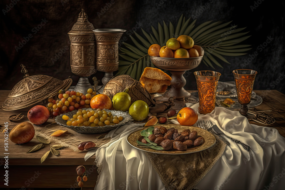 Fototapeta premium Close up variety of table with arabic food during iftar meal on ramadan AI generated