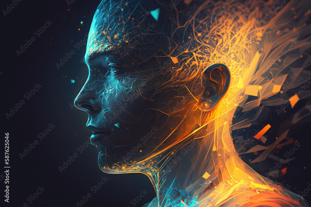 Obraz premium Meditation concept with human head silhouette glowing esoteric neurons in brain AI generated