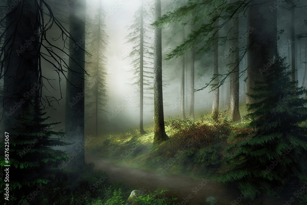 Fototapeta premium Dark rainforest sun rays through trees with dense fog digital illustration AI generated