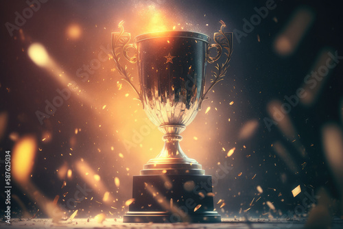Golden champion trophy cup winner on blur bokeh dark lights background AI generated art © Oleksandr