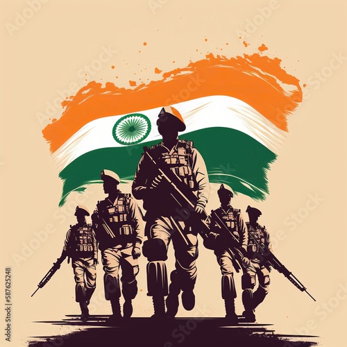 Indian soldier with flag, generative ai photo