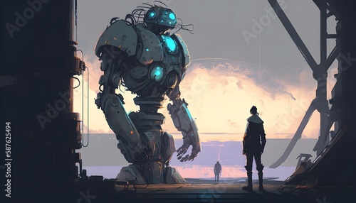 scientist standing looking at a gigantic lab robot, digital art style, illustration painting, Generative AI © MG