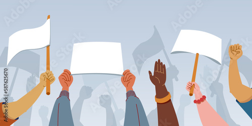 People holding blank signs placards flags and banners set of flat vector illlusctrations