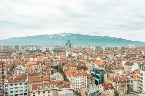 Sofia cityscape main streets and old city district with Vitosha mountain view. Travel to Bulgaria concept aerial view panorama © glebzter