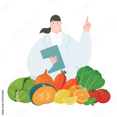Vector illustration of vegetables and fruits and nutritionist.