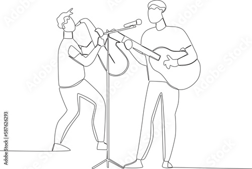 A man and his friend playing guitar and saxophone on stage. Music band one-line drawing